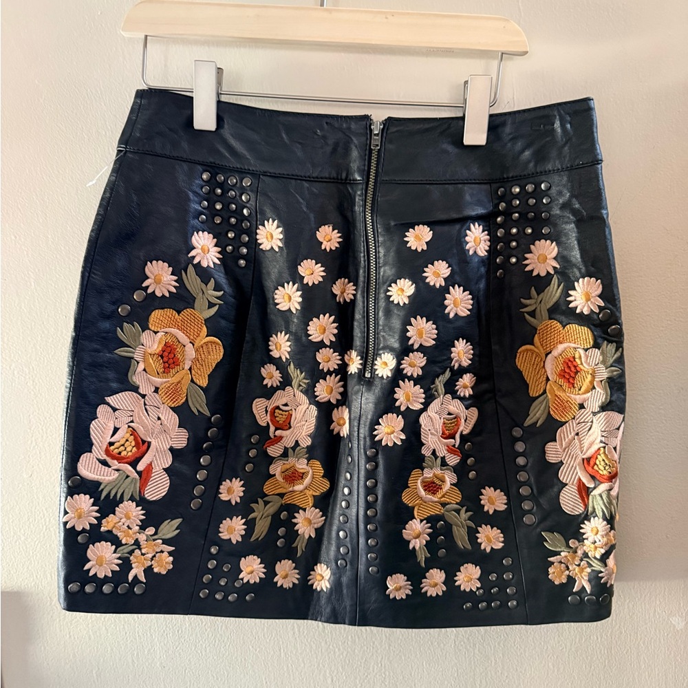 Free People Black faux Leather Skirt with Floral Embroidery - Picture 3 of 6